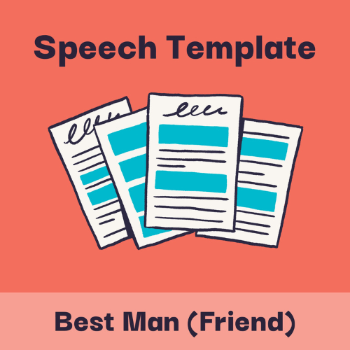 Illustration with headline text that says, "Speech template for a best man speech for your best friend,” and shows a simple drawing of a fill-in-the-blank speech template to be used to write a best man speech for your best friend.”