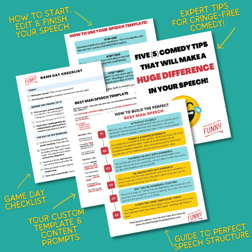 Illustration of items included in a best man speech template package. Shown are a fill-in-the-blank best man speech template, a six step ladder titled, "How to build the perfect best man speech,” a document called, "5 comedy tips that will make a huge difference in your best man speech, instructions for how to use your best man speech template, and a game day checklist.