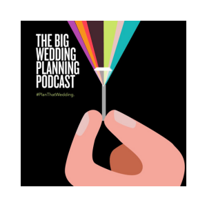 Logo for "the Big Wedding Planning Podcast." The image has the words, "The big wedding planning podcast," followed by hashtag plan that wedding. There is an illustration of a had holding a ring with a rainbow coming out of the diamond.