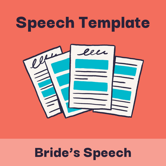 Illustration with headline text that says, "Speech template: bride's speech," and a drawing of a fill-in-the-blank bride's speech template."