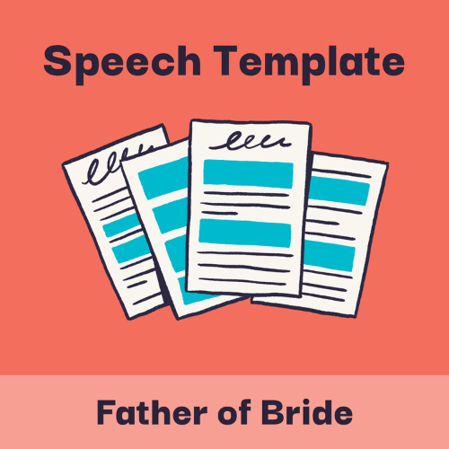 Illustration with headline text that says, "Speech template for a father of the bride speech,” and shows a simple drawing of a fill-in-the-blank speech template to be used to write a father of the bride speech.