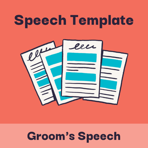 Illustration with headline text that says, "Speech template: groom's speech," and a drawing of a fill-in-the-blank groom's speech template."