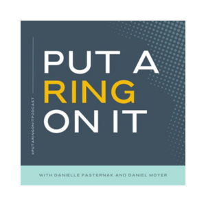 Logo for the "Put A Ring On It" wedding planning podcast. The logo show the words, "Put a ring on it." The word ring is in yellow. The others are white. All words are set on a grey background.