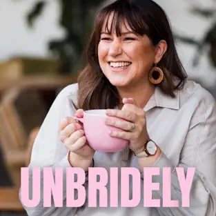 Thumbnail for the Unbridely Modern Wedding Planning podcast. The image shows Camille, the host, a woman with long, dark hair smiling and holding a coffee cup. On the bottom of the image is the word, Unbridely.