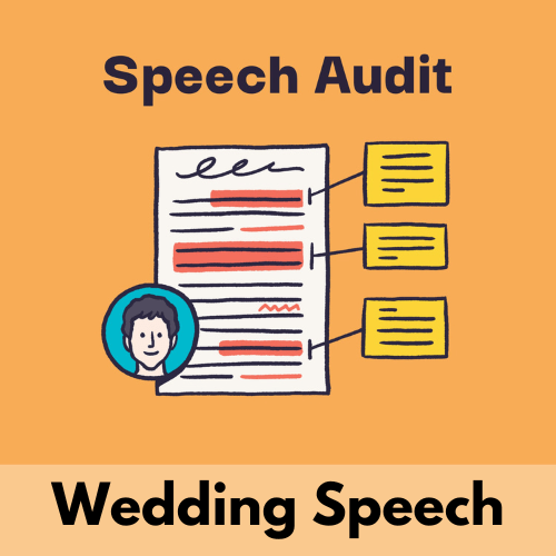 The words wedding speech audit frame an illustration of an annotated wedding speech. There is also an illustration of a picture-in-picture frame with a person's head in it.