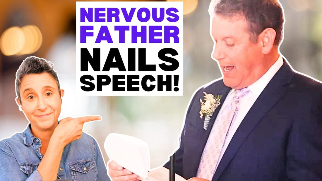 A YouTube thumbnail that shows Beth from Authentically Funny Speeches pointing at an image of a man giving a father of the bride. Superimposed on the image are the words, "Nervous father nails speech."