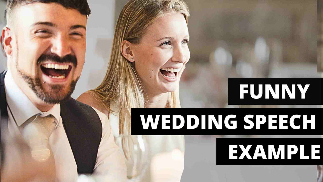 An image showing a laughing bride and groom. Superimposed on the image are the words, "funny wedding speech example."