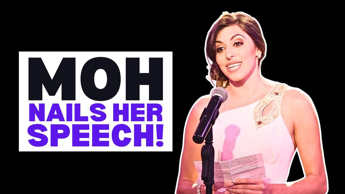 text reading, "maid of honor nails her speech" and a photo of a maid of honor in a pink dress holding notecards and speaking into a microphone.