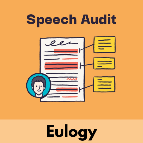 The words video speech audit eulogy frame an illustration of an annotated eulogy or celebration of life speech. There is also an illustration of a picture-in-picture frame with a person's head in it.