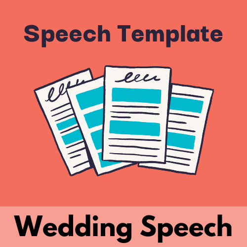 Illustration with headline text that says, "wedding speech templates," and a drawing of a fill-in-the-blank wedding speech template."